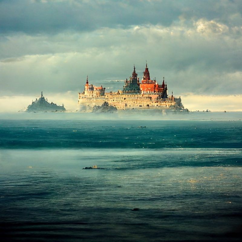 海み浮かぶ城と曇り空