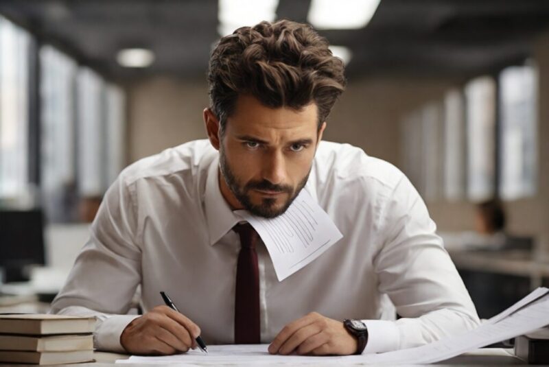 首の襟に資料を隠しながら何かをペンで書いている男性