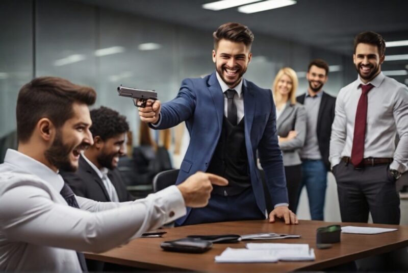 会社内で笑顔で同僚に銃を向ける人