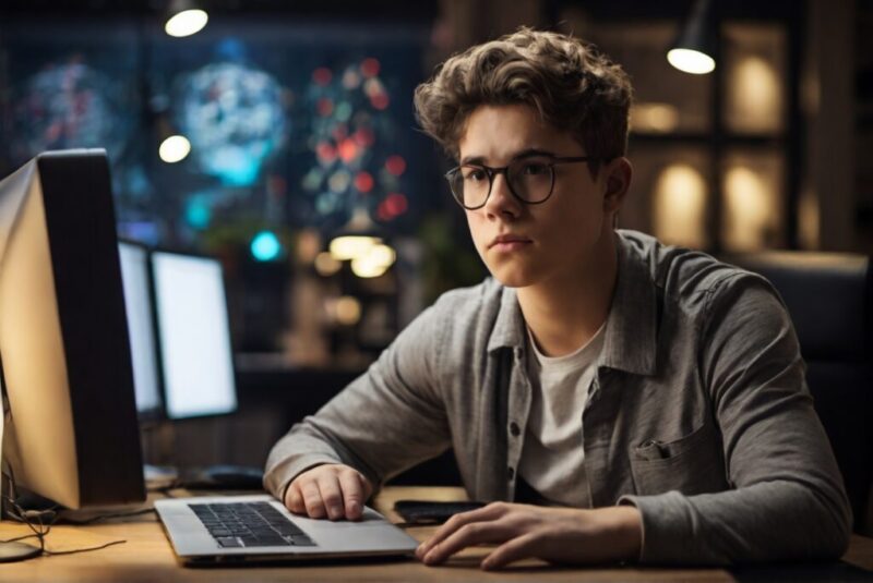 パソコンの前で何かを考えているメガネの男性