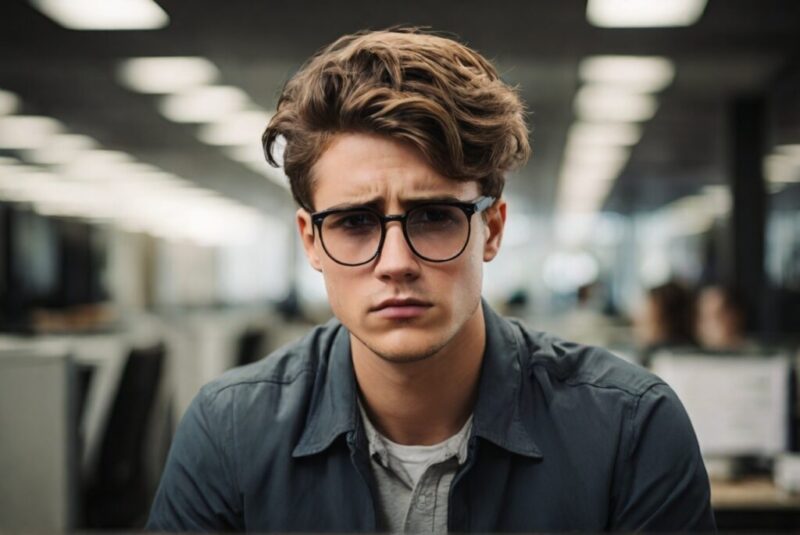 パソコンが並ぶ社内でサングラスをかけてこちらを見らみつけている若者