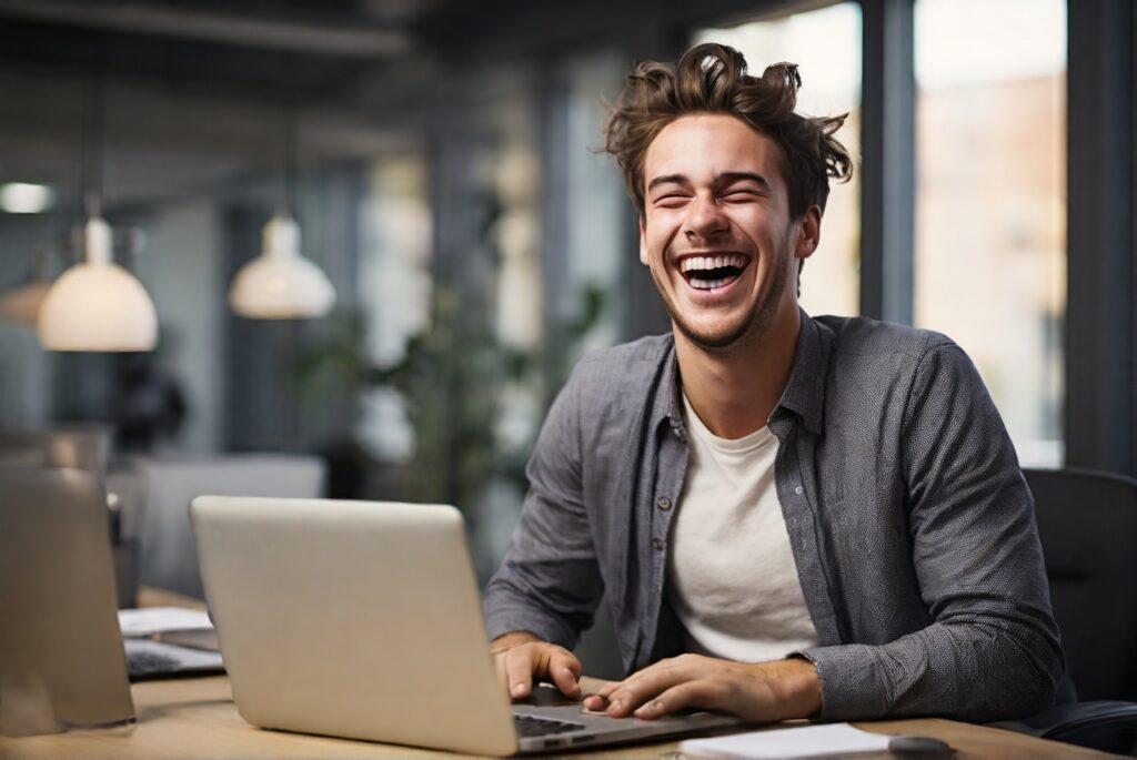 ノートパソコンを操作しながら爆笑している男性