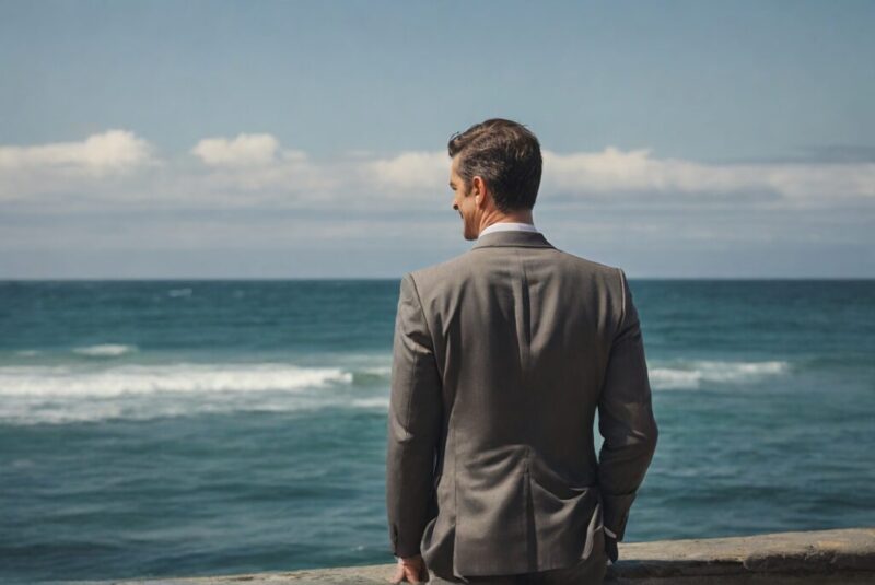 スーツを着て海を眺めている男性