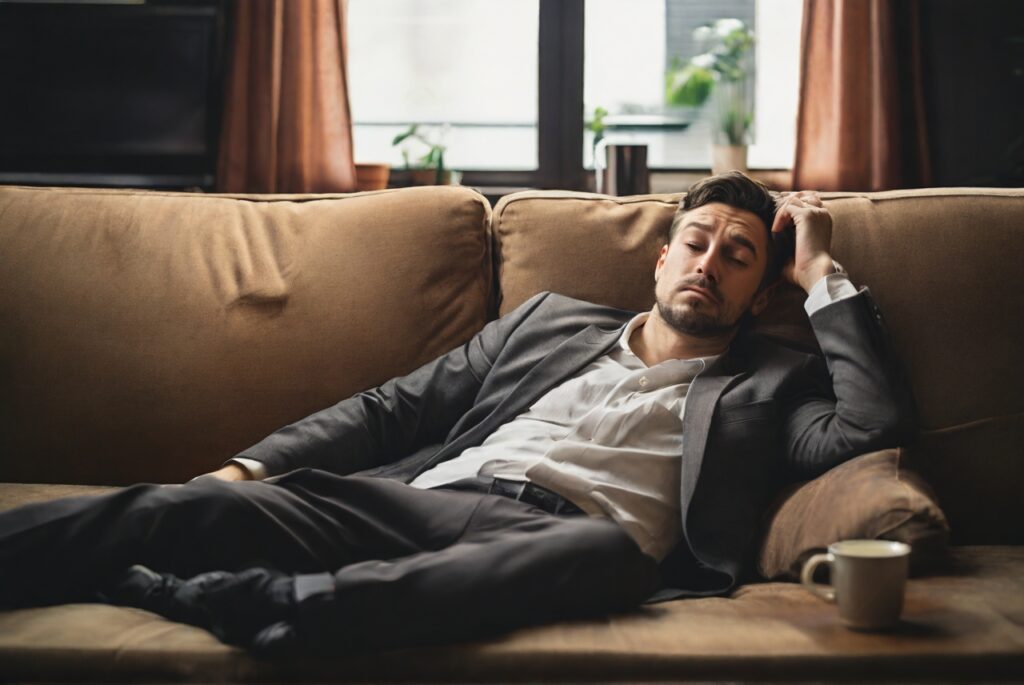 スーツを着てソファに寝転んでいる男性