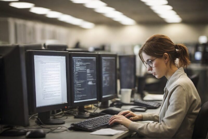 職場のパソコンで何か調べ物をしている女性