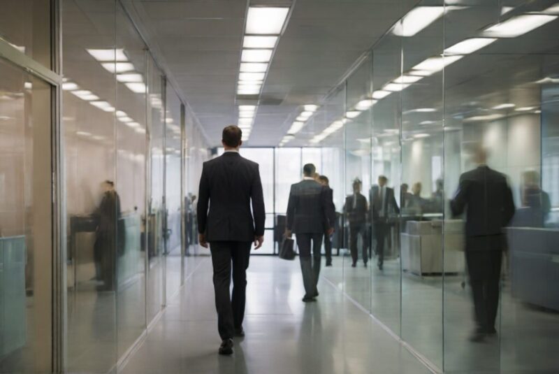 ガラスばりの廊下を背中を向けて歩くスーツの男性