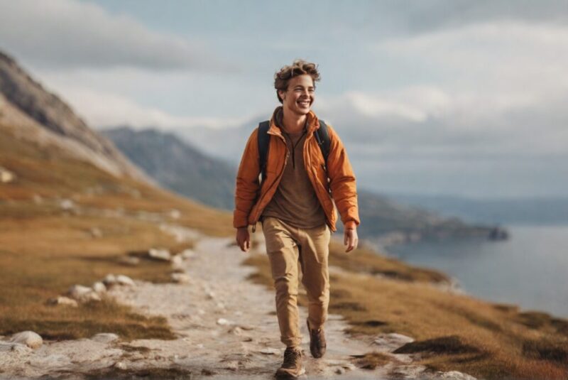 海沿いの道を楽しそうにひとりでハイキングする男性